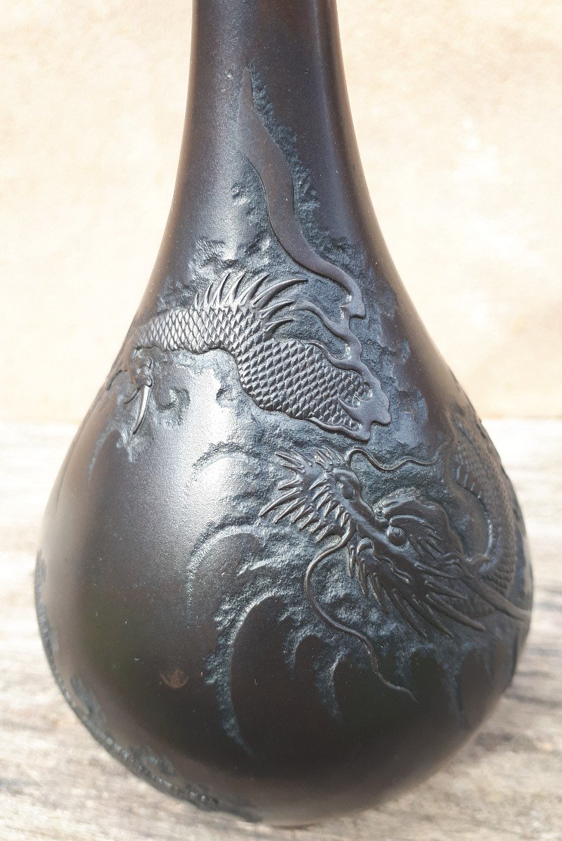 Japanese Bronze Vase With Dragon Decor By Mazayuki, Japan Meiji Era-photo-6