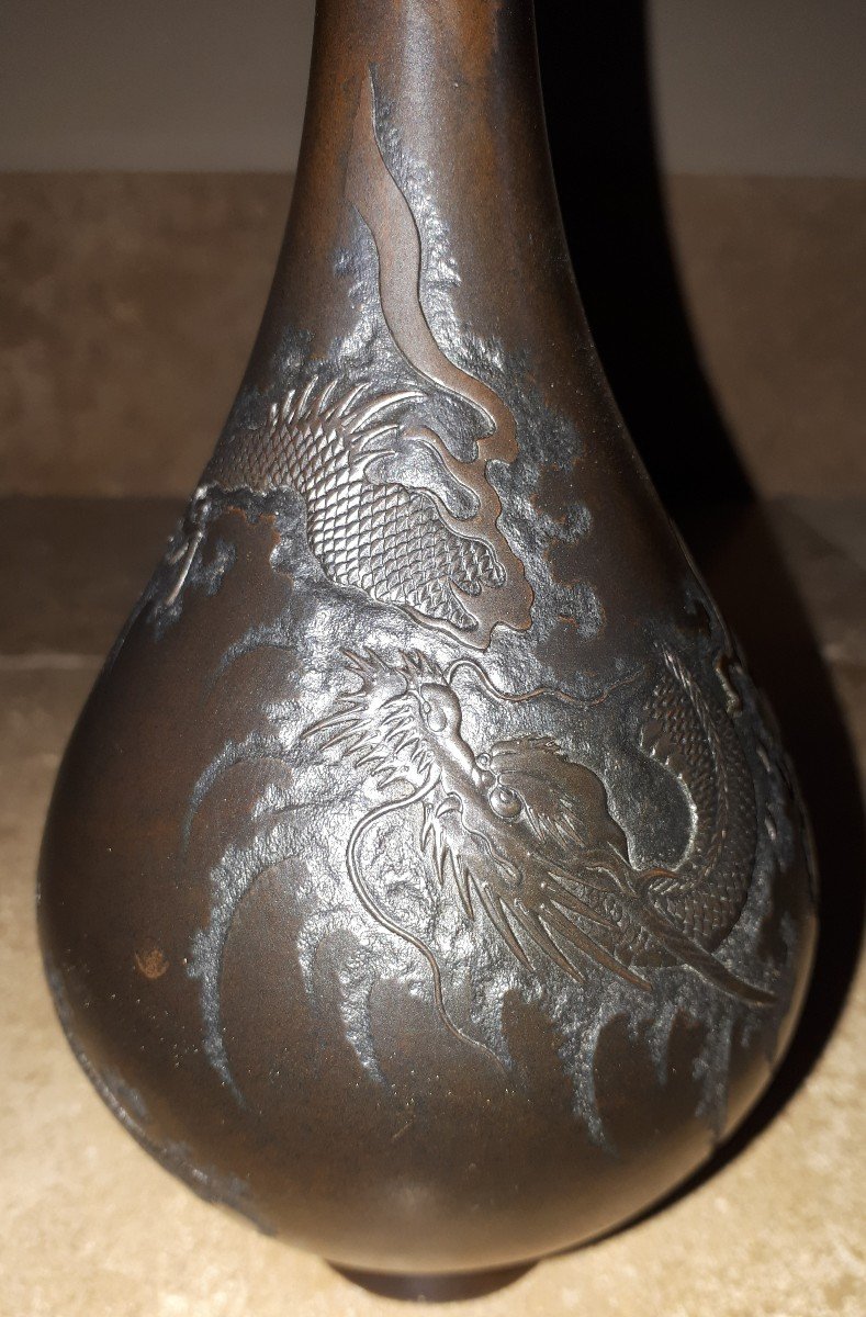 Japanese Bronze Vase With Dragon Decor By Mazayuki, Japan Meiji Era