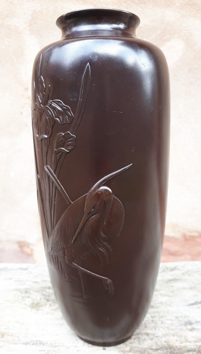 Japanese Bronze Vase With Egret Decoration By Mazayuki, Japan Meiji Era-photo-3