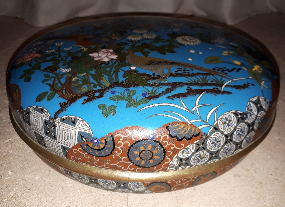 Large Japanese Round Cloisonné Enamel Box, Meiji Era Japan-photo-2