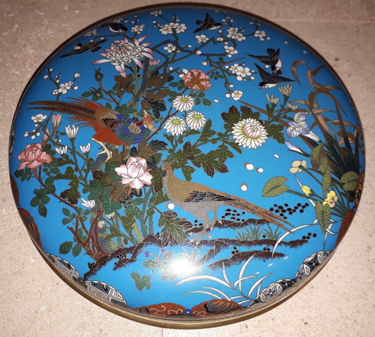 Large Japanese Round Cloisonné Enamel Box, Meiji Era Japan