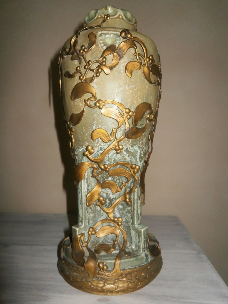 Sandstone Art Nouveau Vase In A Brass Frame-photo-4