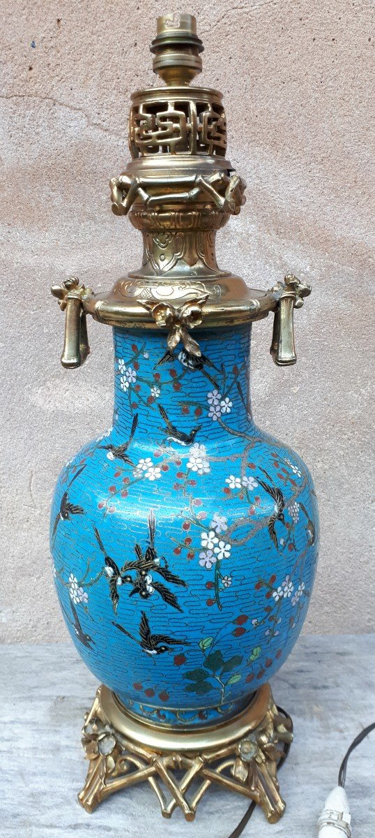 Vase En émaux Cloisonnés Monté En Lampe, Dans Le Goût d'Edouard Lièvre-photo-3