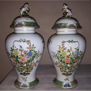 Pair Of Famille Verte Style Vases, Samson 19th Century