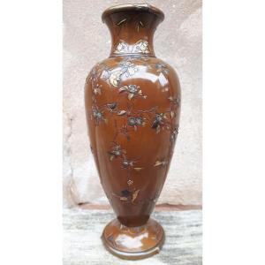 Japanese Bronze Vase Inlaid With Mixed Metals Signed Inoue, Japan Meiji Era