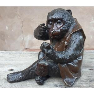 Okimono - Bronze Sculpture Of A Monkey By Masatsune, Japan Meiji Era