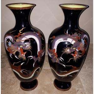 Paire De Vases Japonais En émaux Cloisonnés, Japon ère Meiji