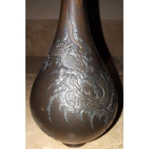 Japanese Bronze Vase With Dragon Decor By Mazayuki, Japan Meiji Era