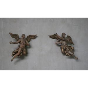 Pair Of Carved Wooden Angels