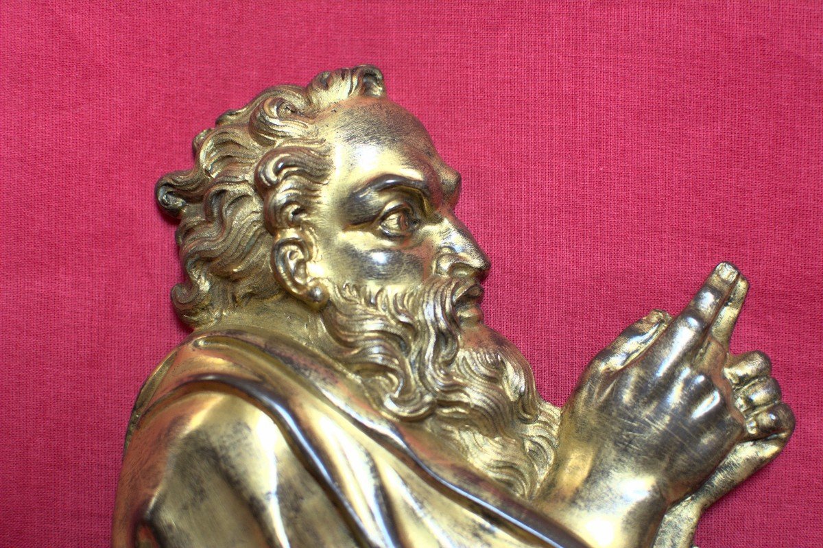 Large Gilded Bronze Bas-relief - Saint Apostle In Prayer - 19th Century - Religious Plaquette-photo-2