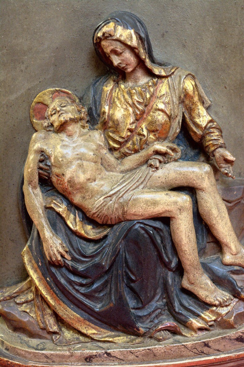 Polychrome Wood Bas-relief - Pieta After Michelangelo - Christ & Virgin Mary - 19th Century 19 -photo-2