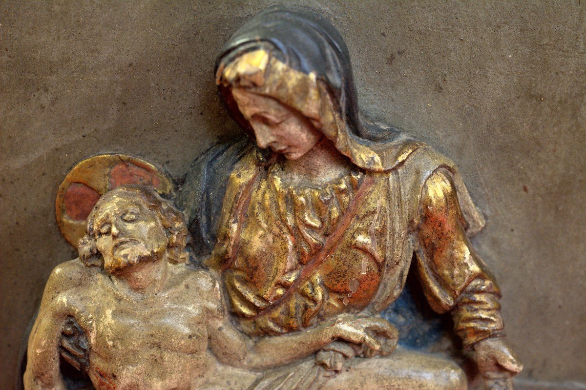 Polychrome Wood Bas-relief - Pieta After Michelangelo - Christ & Virgin Mary - 19th Century 19 -photo-4