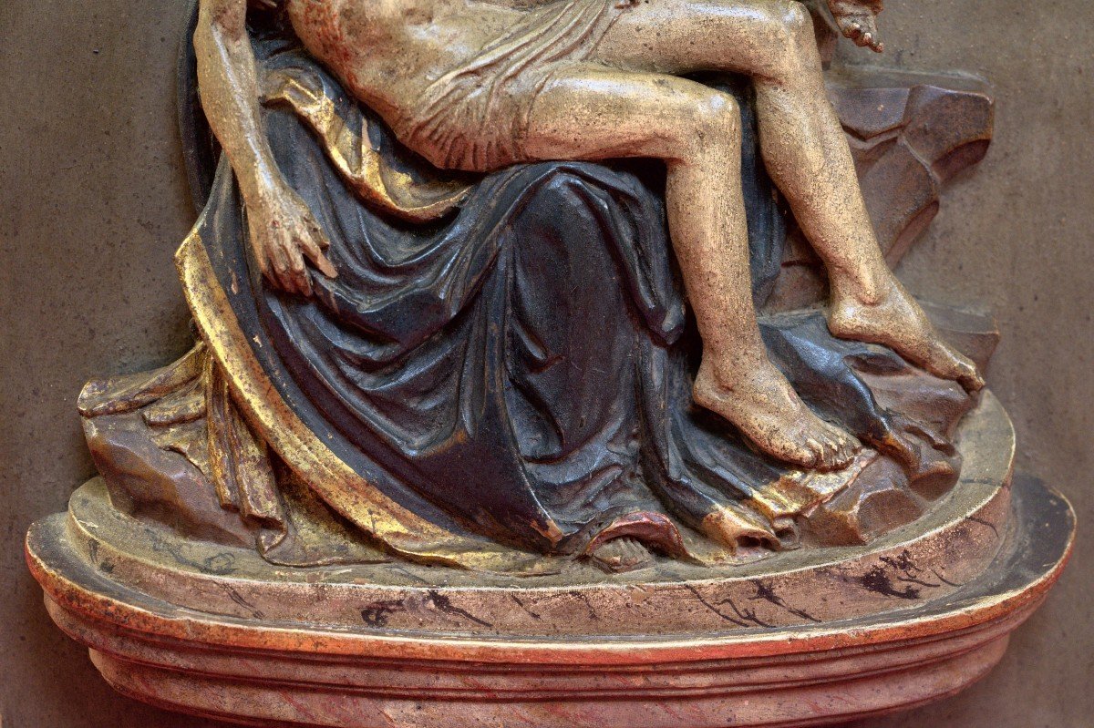 Polychrome Wood Bas-relief - Pieta After Michelangelo - Christ & Virgin Mary - 19th Century 19 -photo-5