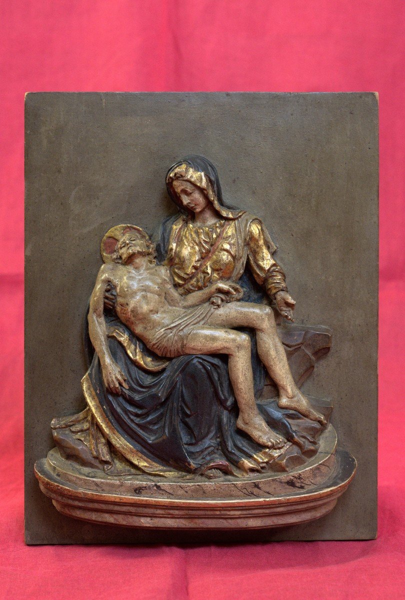 Polychrome Wood Bas-relief - Pieta After Michelangelo - Christ & Virgin Mary - 19th Century 19 