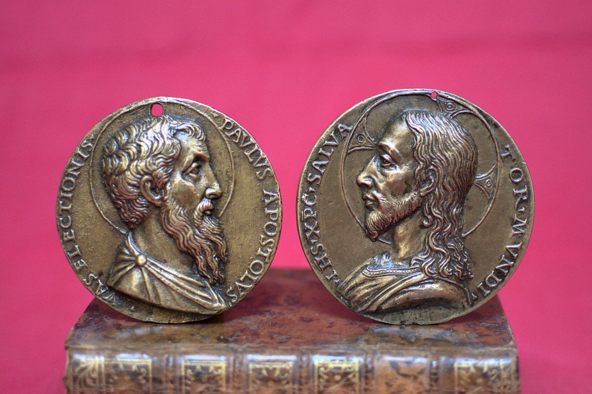 2x Bronze Plaquette - Christ And Saint Paul - 16th Century Renaissance Haute Epoque 16