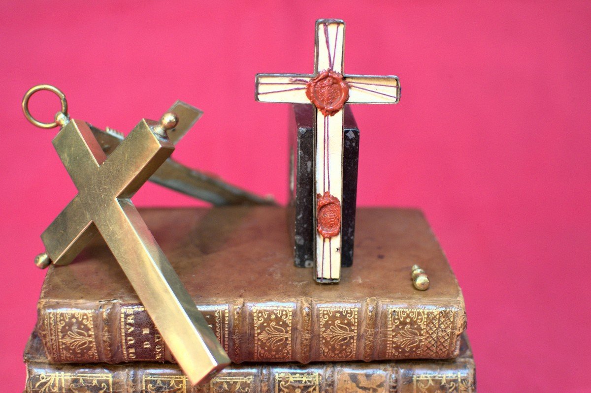 Croix Reliquaire En Bronze - Avec Cachet Episcopal - Reliques -  XIXe 19e Siècle 19 Religieux-photo-3