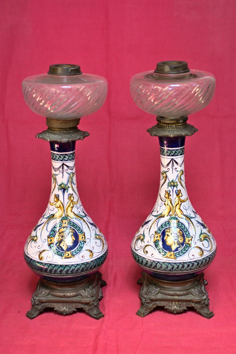 Pair Of Large Oil Lamps - Renaissance Decor Gien - Earthenware & Bronze - 19th  Century 19