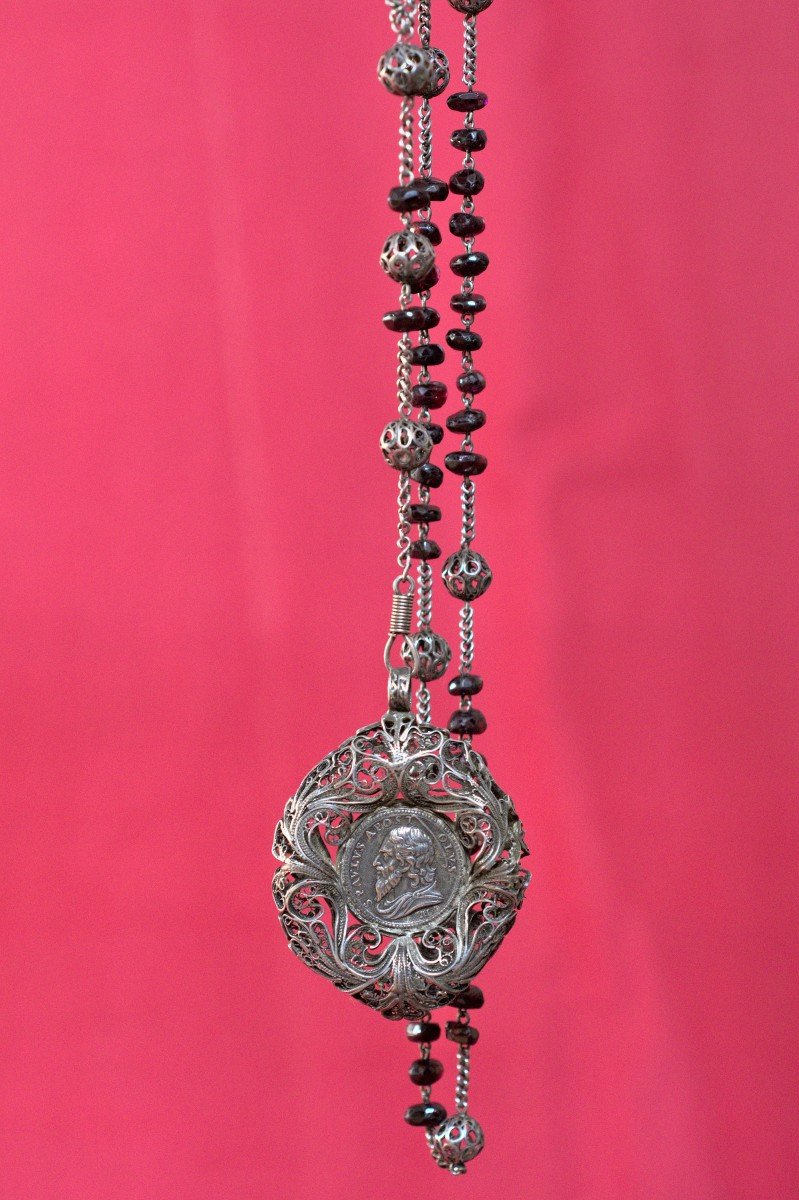 Chapelet - Filigrane d'Argent & Grenats + Médaille XVIIe - XIXe 19e Siècle 19 Religieux Croix-photo-2