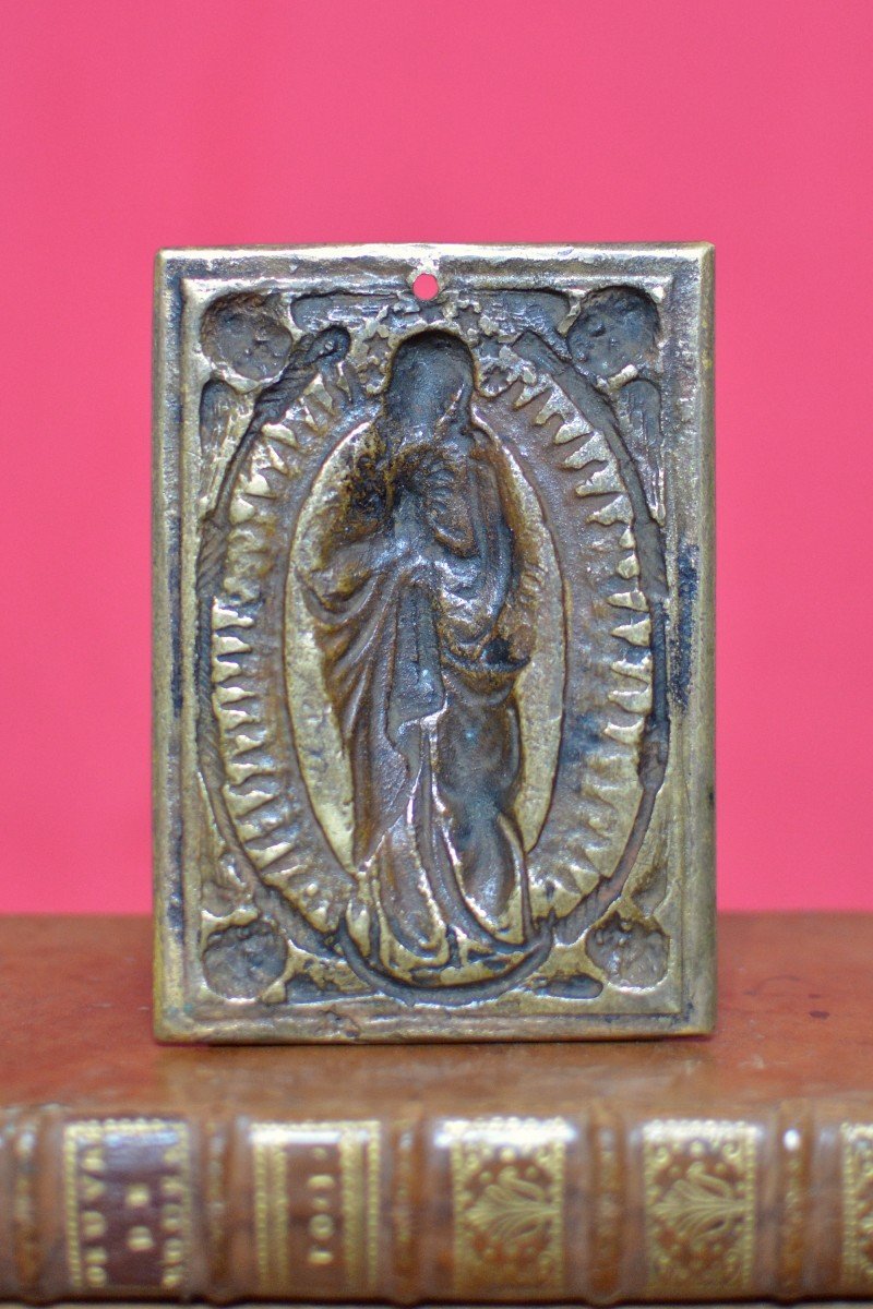 Gilded Bronze Plaquette - The Immaculate Conception - 17th Century - Haute Epoque Virgin Mary-photo-2