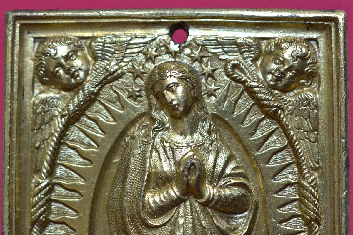 Gilded Bronze Plaquette - The Immaculate Conception - 17th Century - Haute Epoque Virgin Mary-photo-3