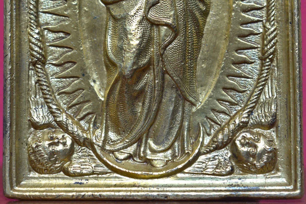 Gilded Bronze Plaquette - The Immaculate Conception - 17th Century - Haute Epoque Virgin Mary-photo-4