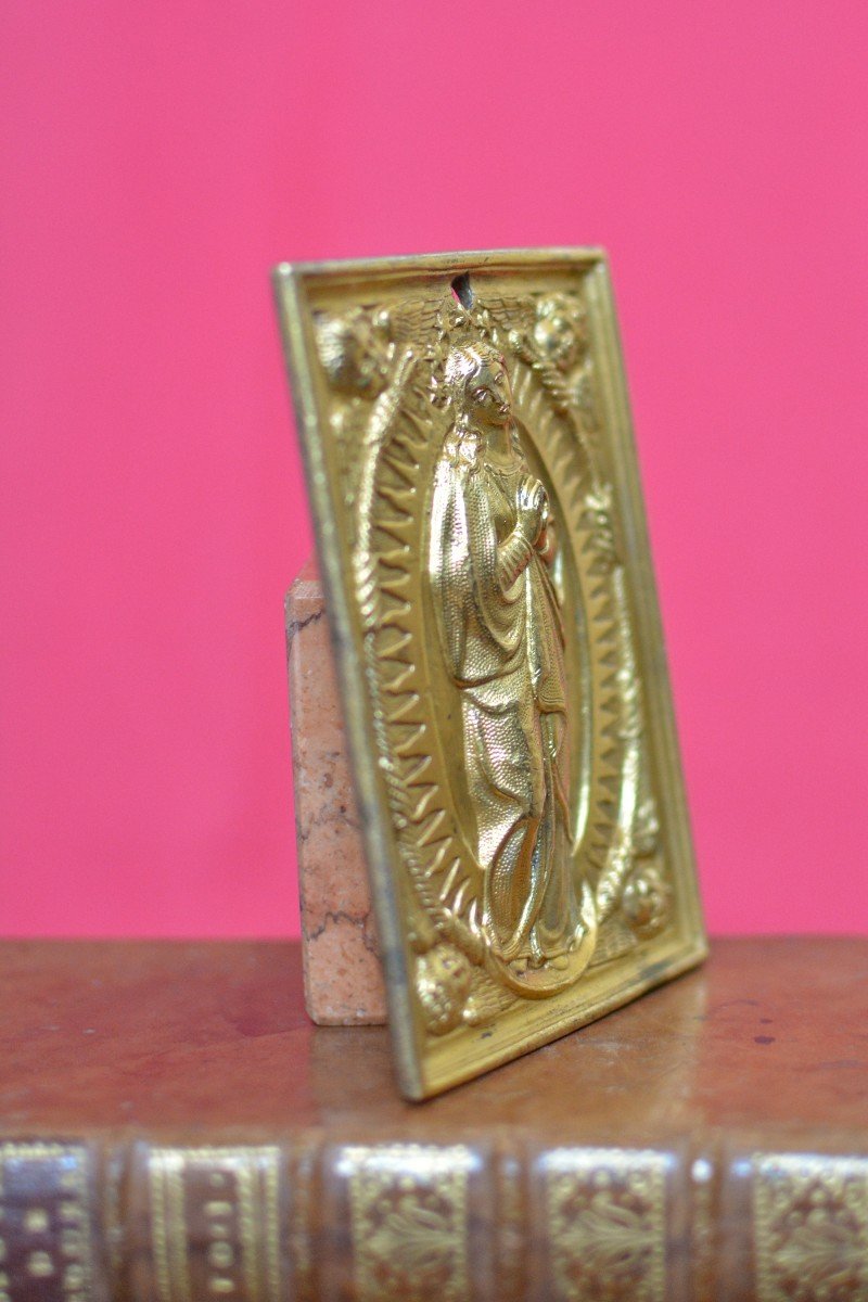 Gilded Bronze Plaquette - The Immaculate Conception - 17th Century - Haute Epoque Virgin Mary-photo-3