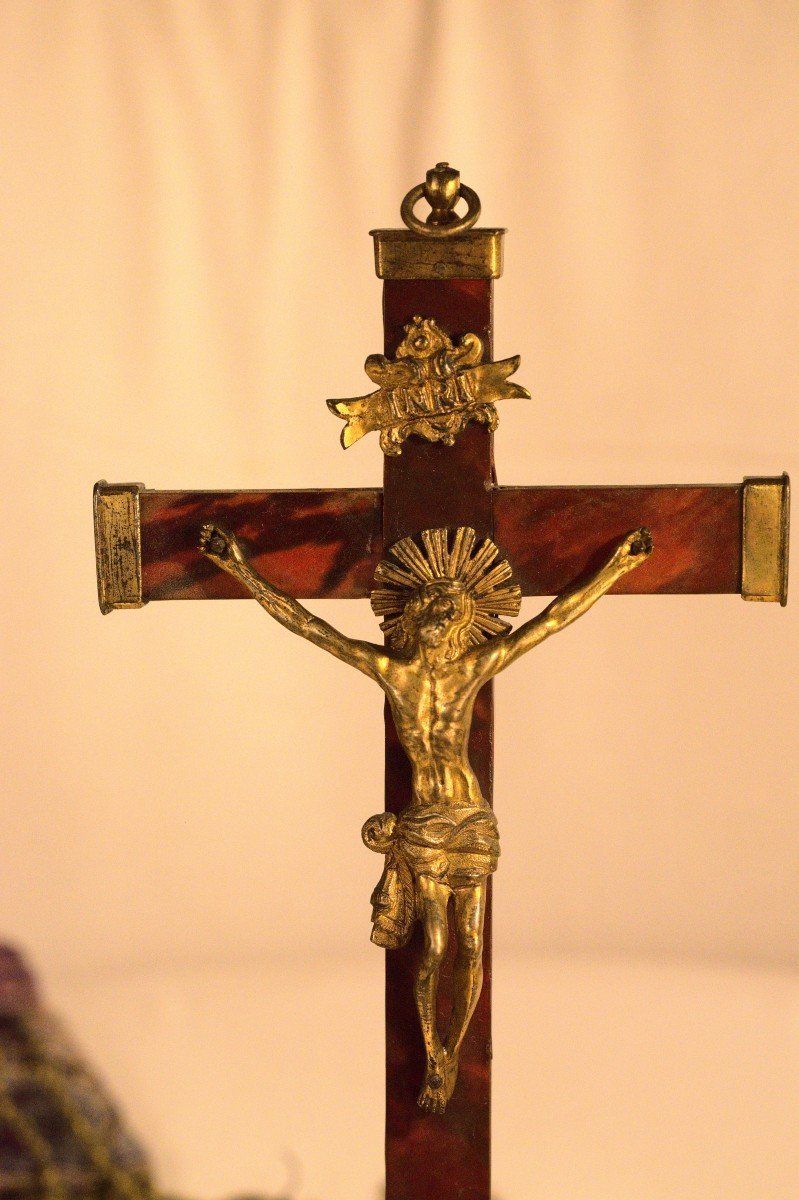 Crucifix - Croix En écaille Et Christ En Bronze Doré - XVIIe Siècle