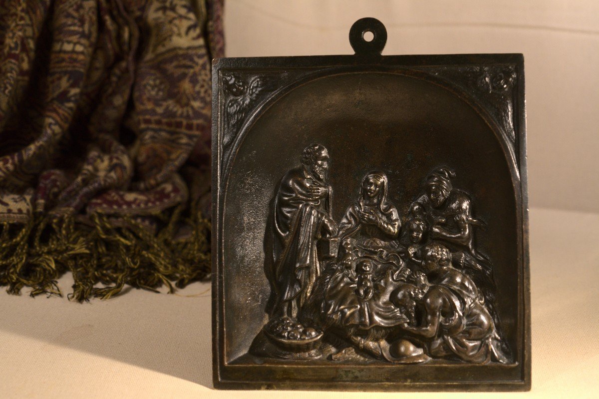 Plaquette En Bronze - Adoration Des Bergers - Crèche - Bas Relief -  XIXe Siècle - 19e siècle