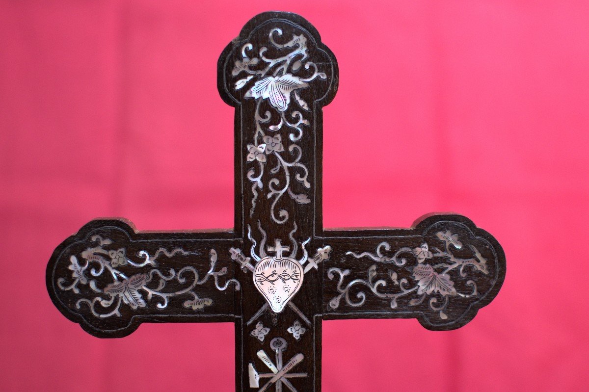 Grande Croix à Incrustations De Nacre - Bois - Crucifix - Cœur - Passion - XIXe Siècle 19e-photo-2