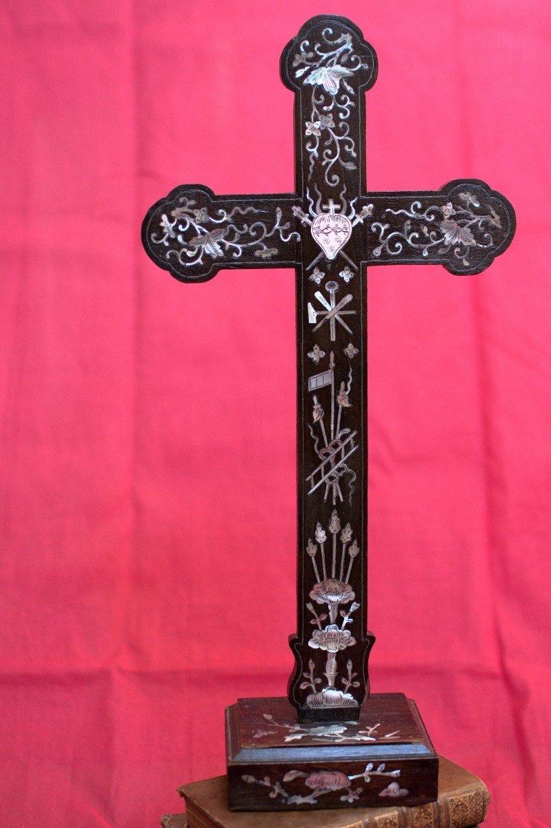 Grande Croix à Incrustations De Nacre - Bois - Crucifix - Cœur - Passion - XIXe Siècle 19e