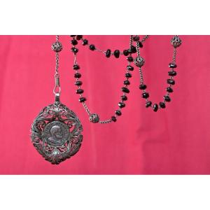 Rosary - Silver Filigree & Garnets + Medal 17th - 19th Century 19 Religious Cross