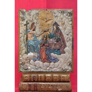 Plaquette En Plomb Polychrome - Le Couronnement De La Vierge - XVIIe 17e Siècle 17 Haute époque