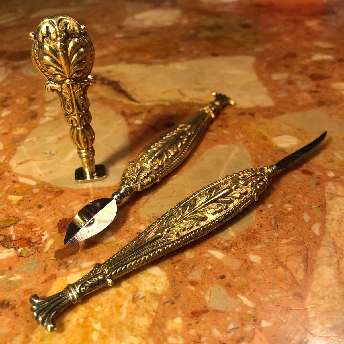Three Elements Around Writing: Letter Opener And Vermeil Stamp From The 19th Century