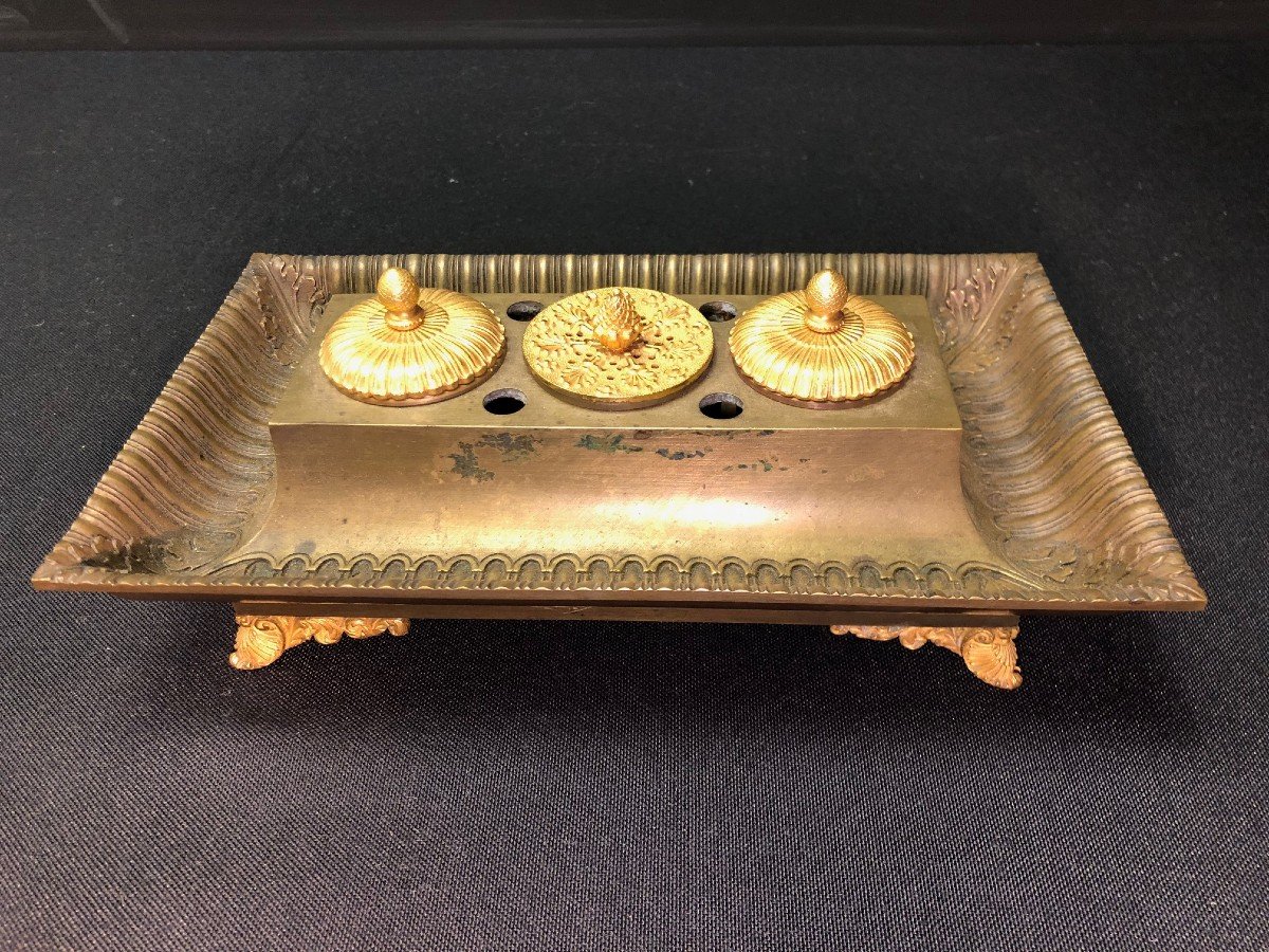 Inkwell Forming Writing Desk In Bronze With Double Patina-photo-4