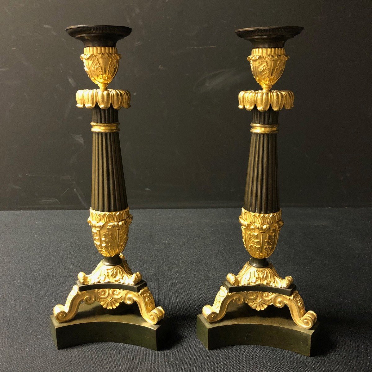 Pair Of Bronze Candlesticks With Double Patina, French Restoration Period-photo-1