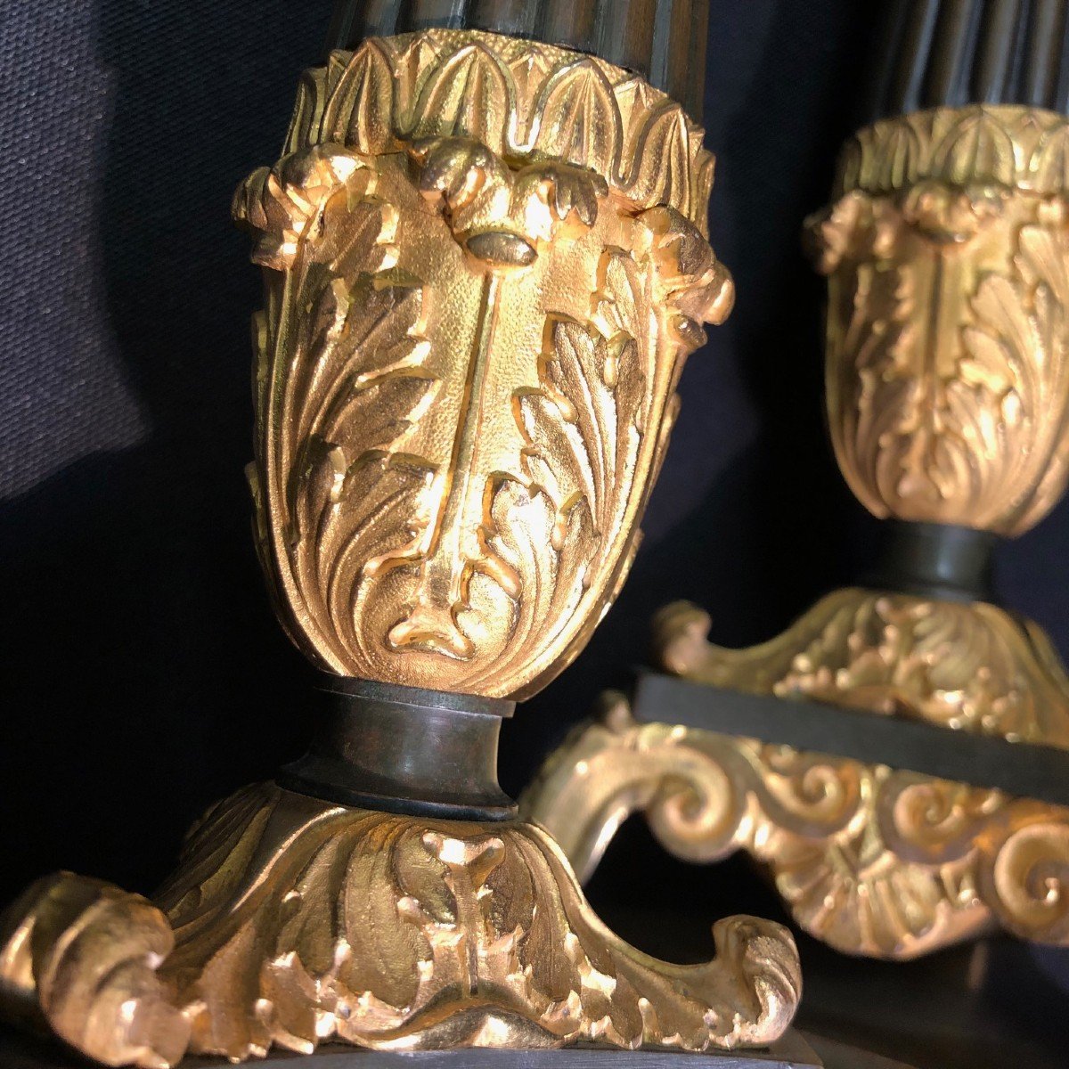 Pair Of Bronze Candlesticks With Double Patina, French Restoration Period-photo-2