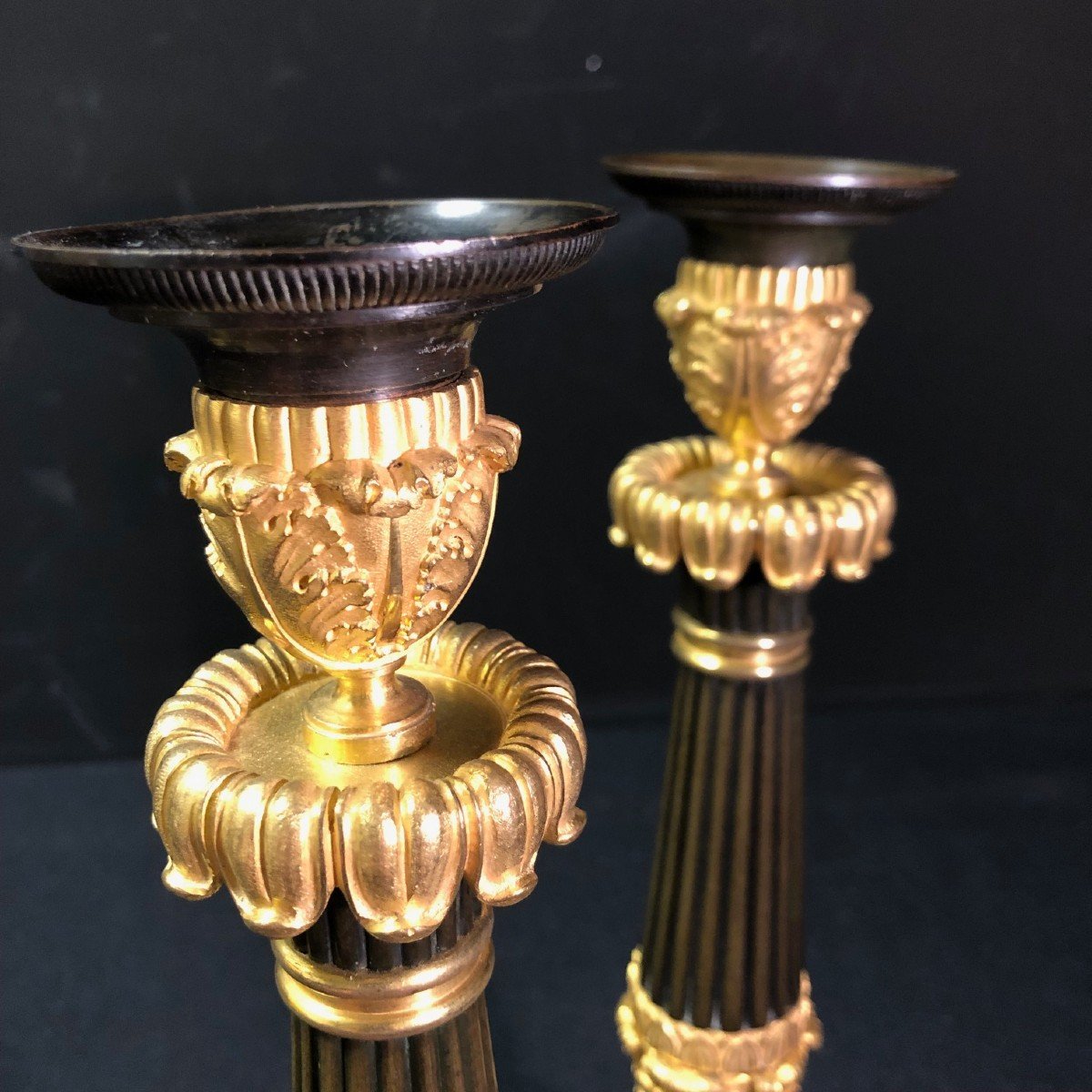 Pair Of Bronze Candlesticks With Double Patina, French Restoration Period-photo-4