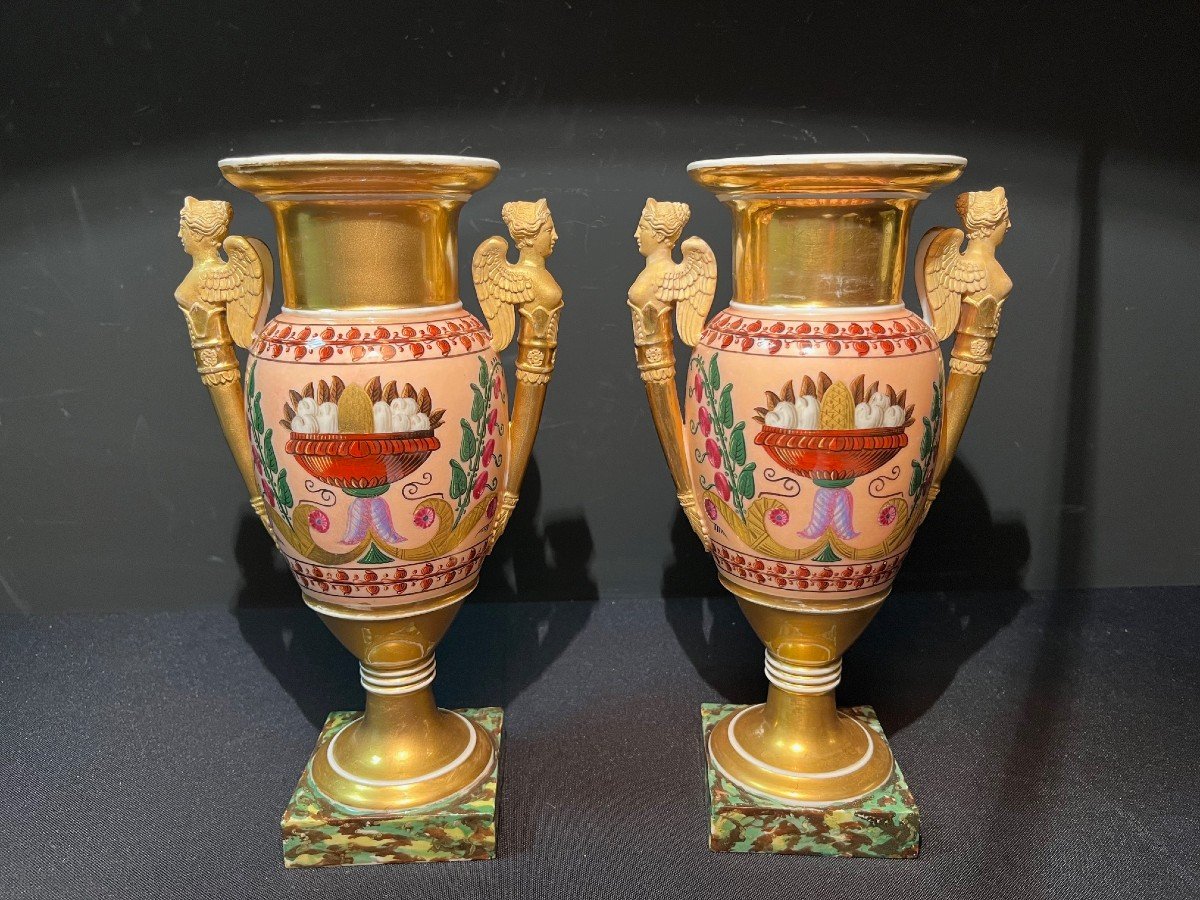 Pair Of Vases In Paris Porcelain  With Sphinx, Early 19th Century