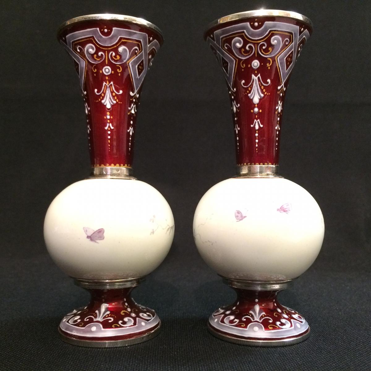 Paire de petits vases en émail et argent-photo-2