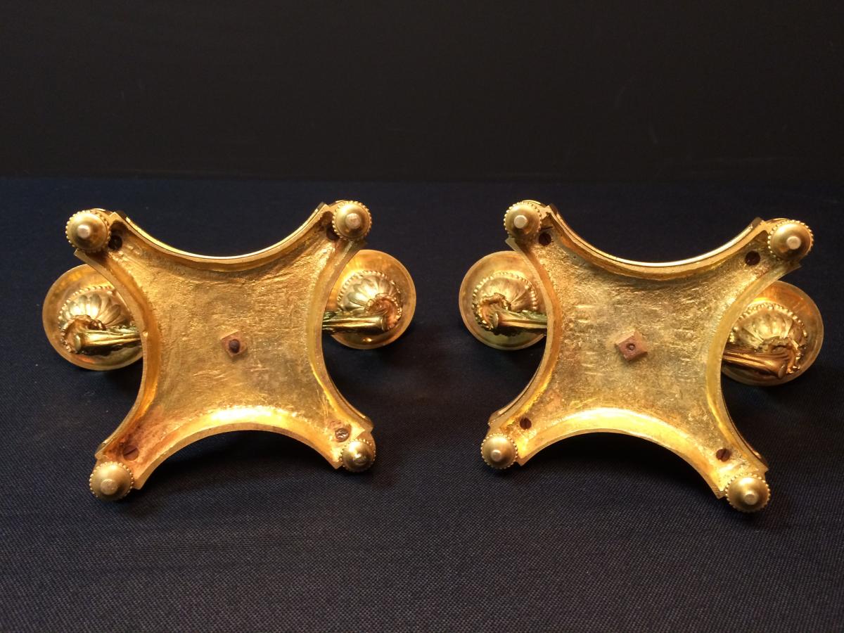 Pair Of Candlesticks With Double Arm Of Light In Gilded Bronze-photo-3