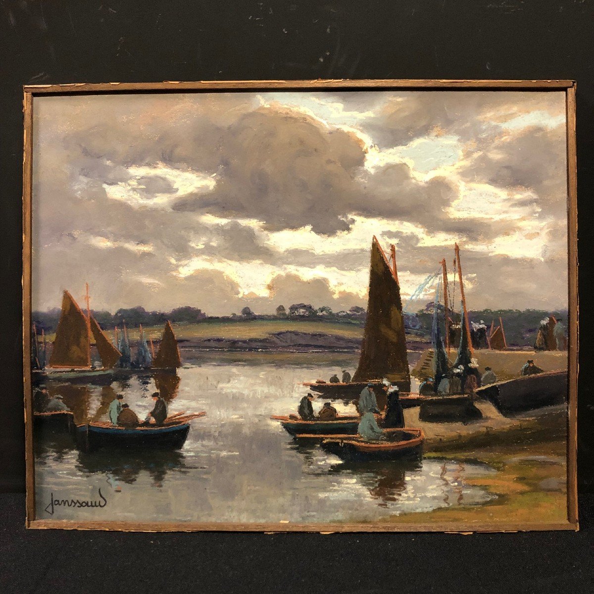 Boats At The Quay, Pastel Signed Janssaud (1857-1940)-photo-2