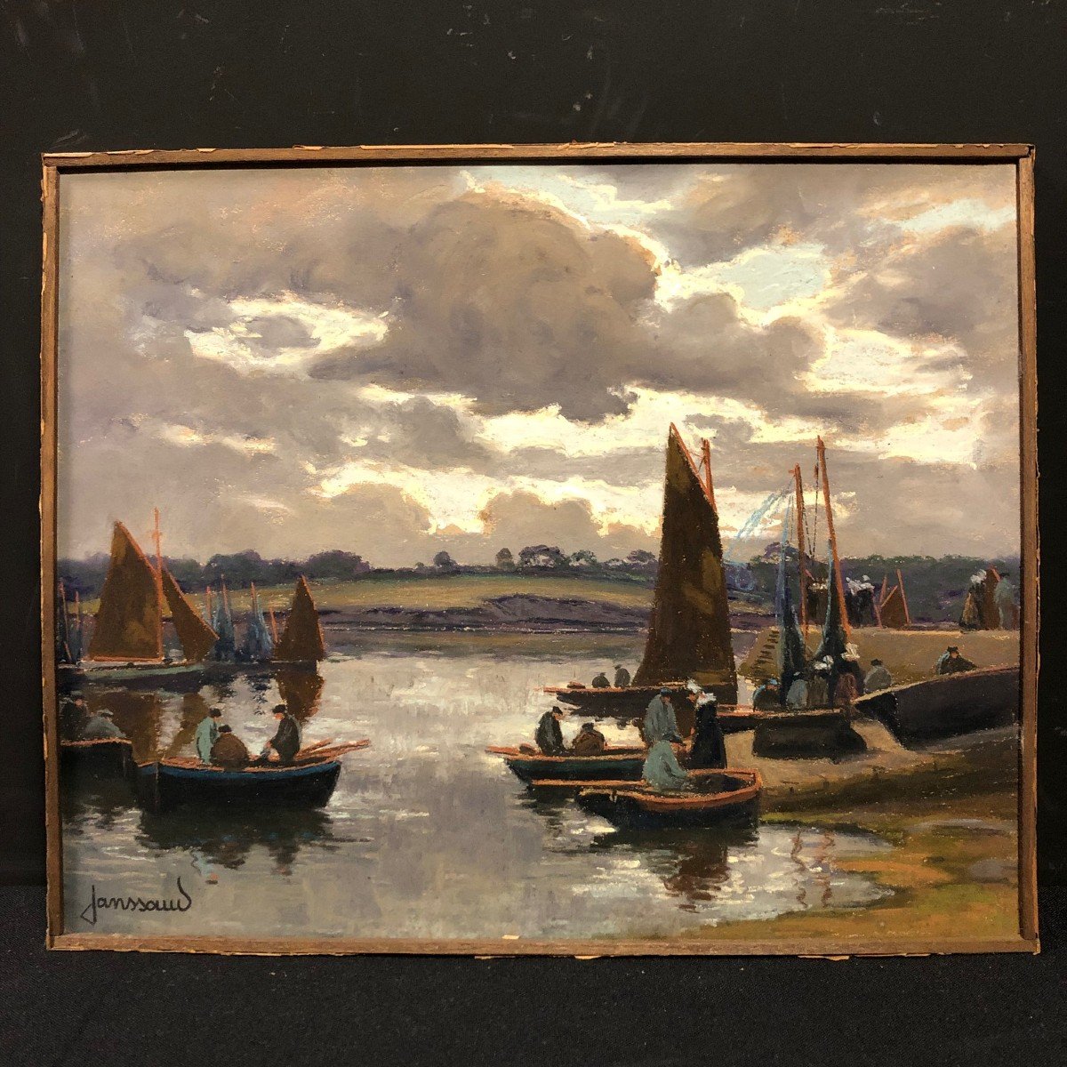 Bateaux à quai, pastel signé Janssaud (1857-1940)-photo-2