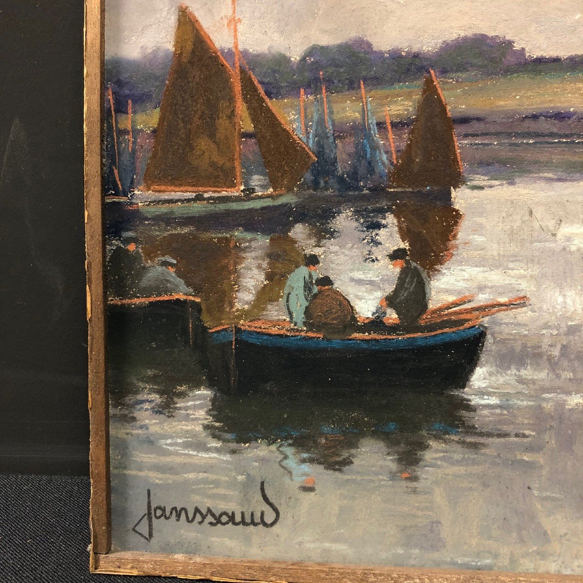 Bateaux à quai, pastel signé Janssaud (1857-1940)-photo-1