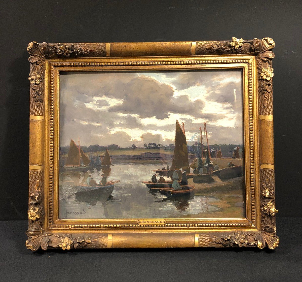 Bateaux à quai, pastel signé Janssaud (1857-1940)