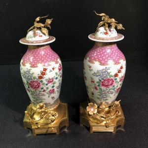 Pair Of Porcelain Vases, Gilt Bronze Mounts Signed Samson