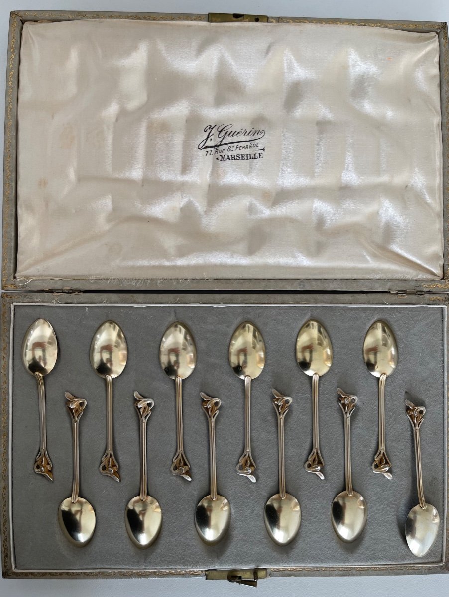 Art Nouveau Style 1900 12 Silver Vermeil Mocha Spoons Minerva