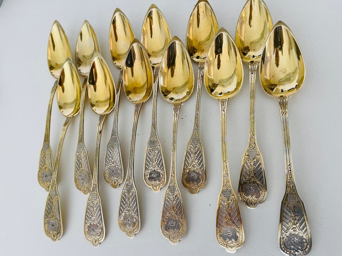 12 Minerva Vermeil Guilloche Silver Tea Spoons