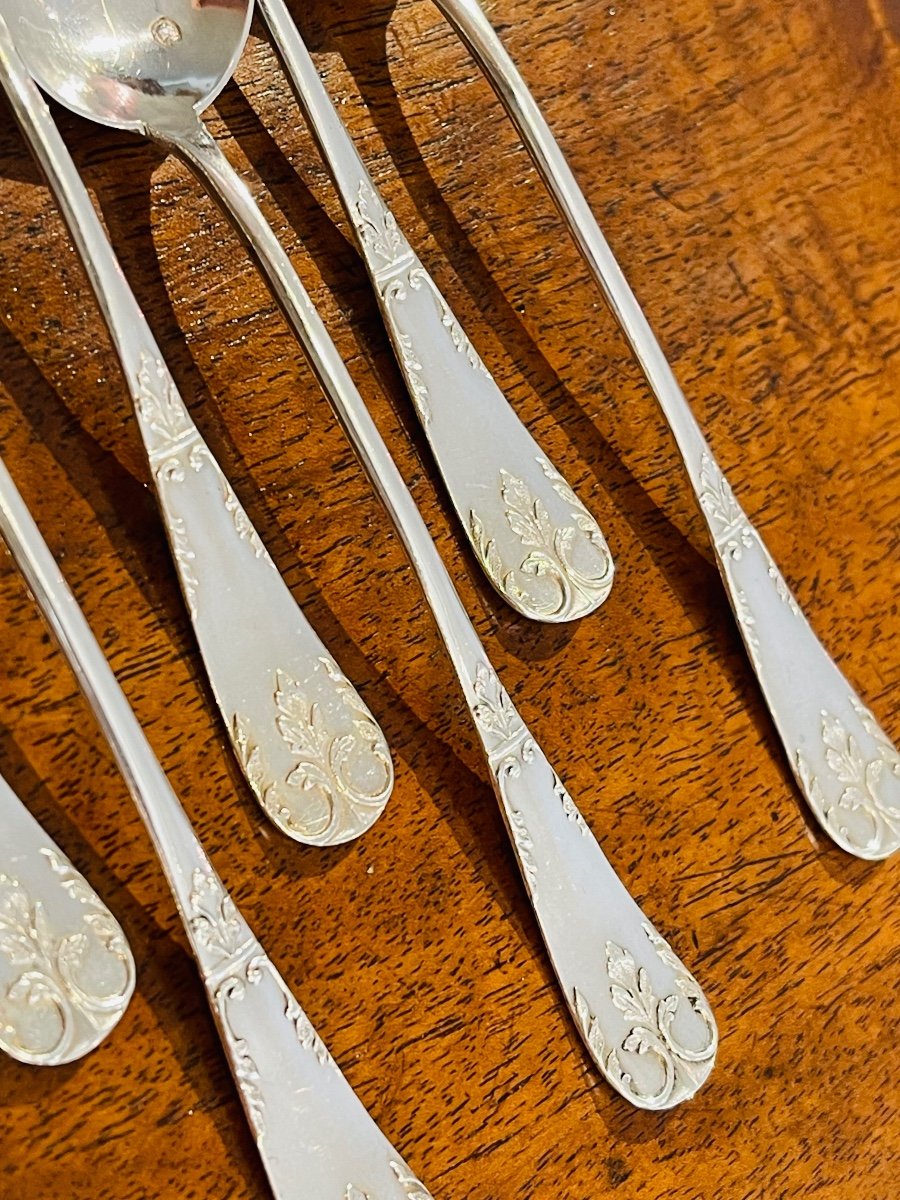 12 Small Silver Spoons Minerva Baguette Model With Foliage-photo-2