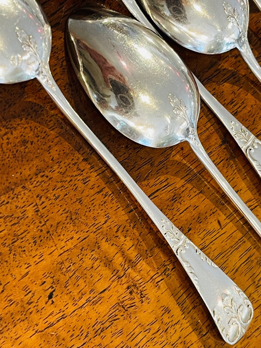 12 Small Silver Spoons Minerva Baguette Model With Foliage-photo-4