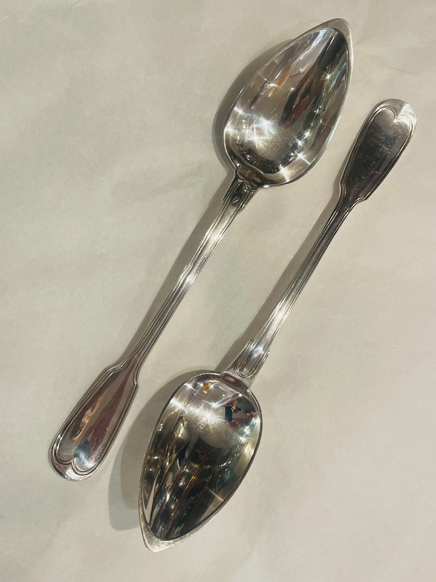 Pair Of Stewing Or Serving Spoons Old Silver -photo-2